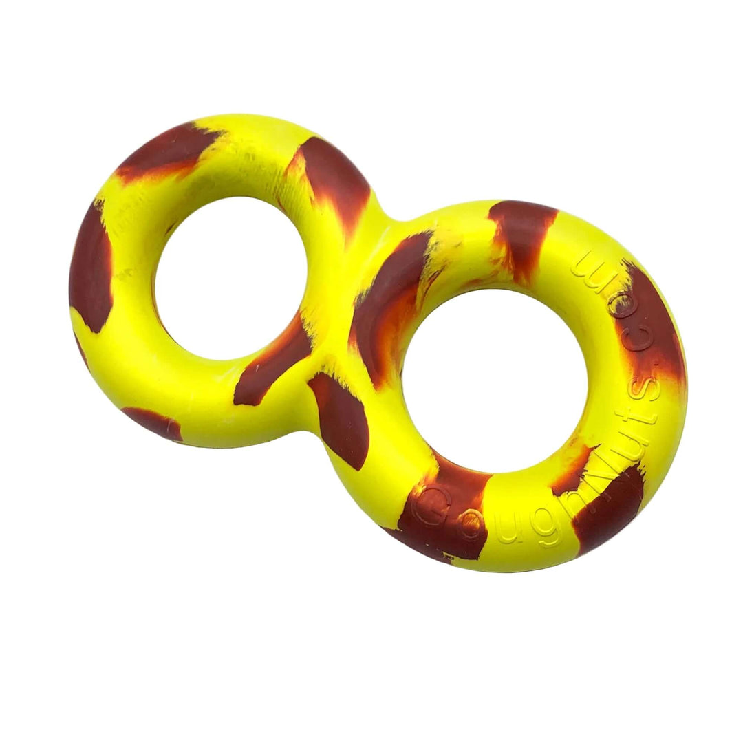 Yellow and red rubber ring toy on a white background