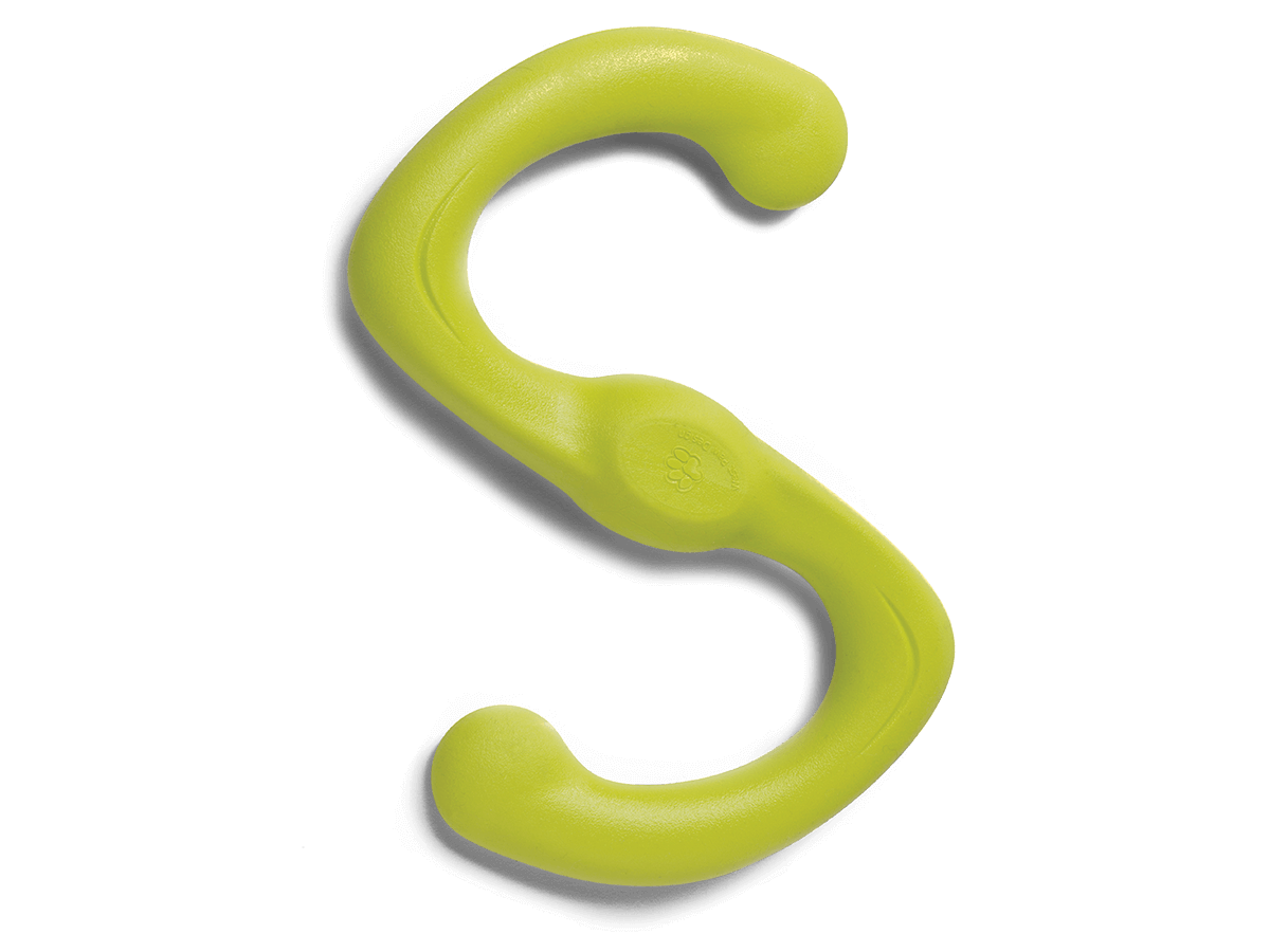 Granny smith dog toy letter 'S' shape on a black background