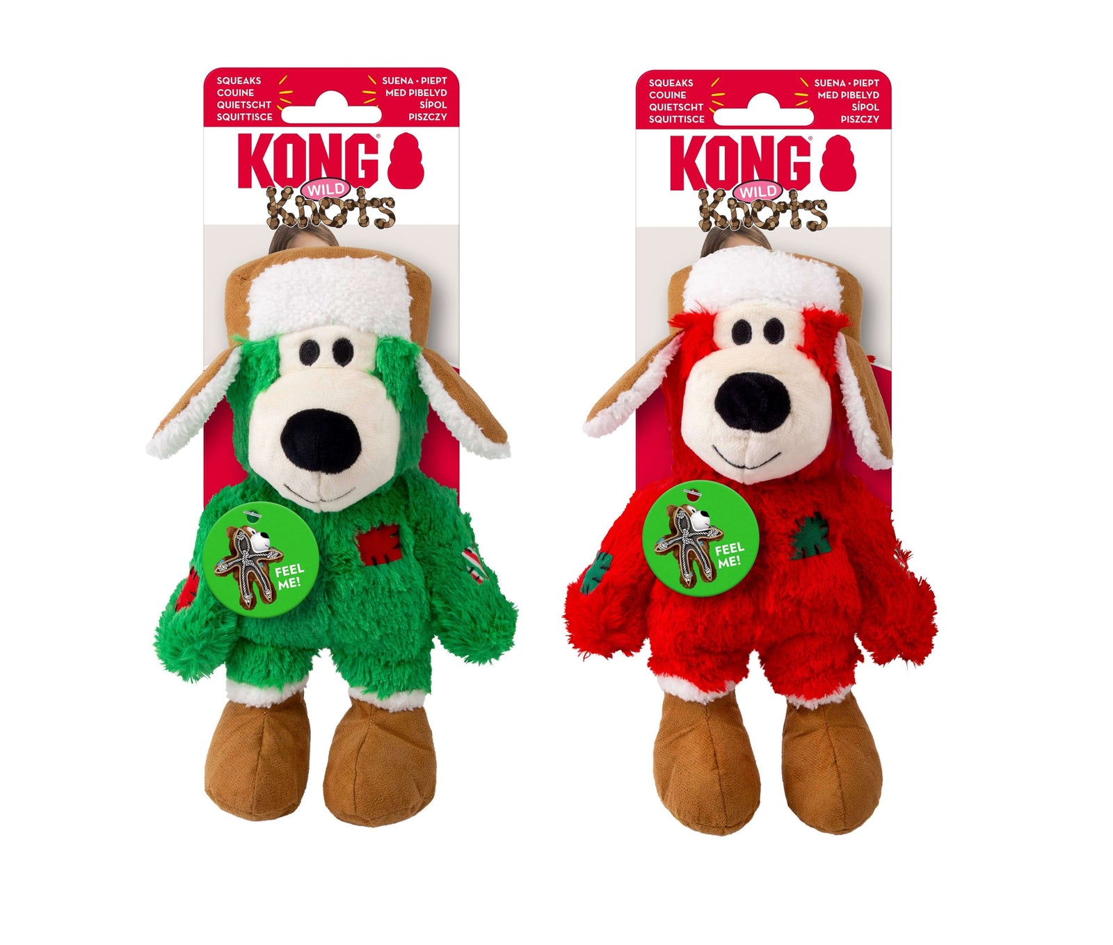 Two KONG Christmas-themed dog toys in green and red packaging on a white background.
