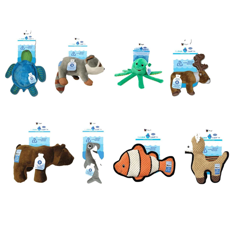 Assorted animal-shaped toys with packaging on a white background