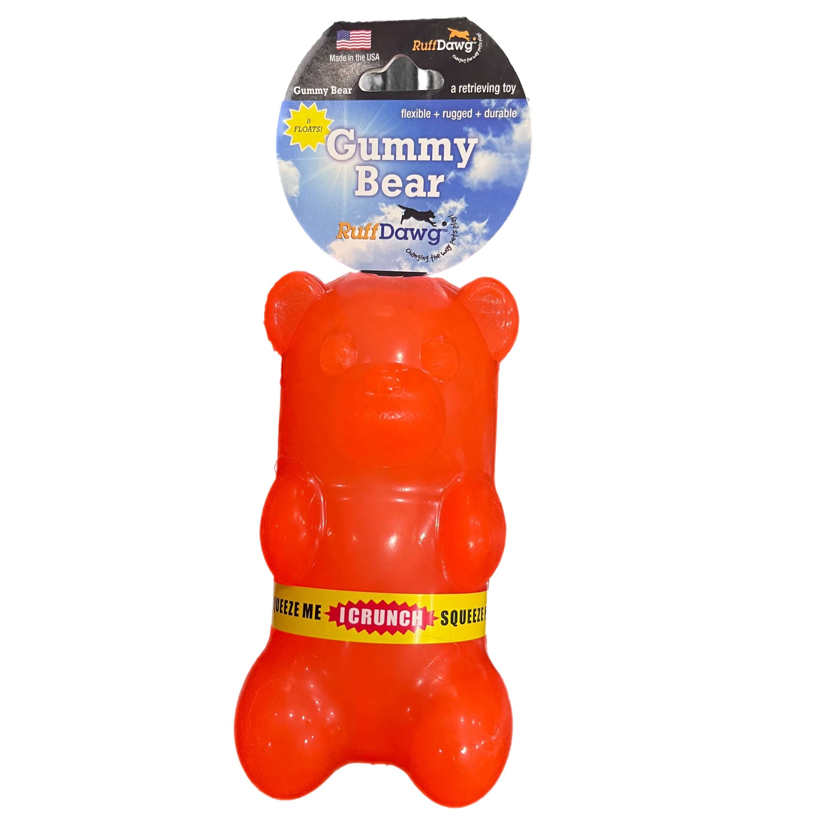 Orange gummy bear-shaped dog toy with packaging on a white background