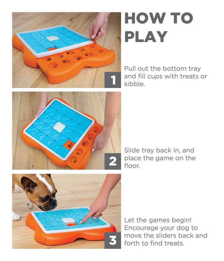 Step-by-step guide showing how to load, close, and play with the Outward Hound Challenge Slider puzzle toy—engaging dogs with hidden treats.