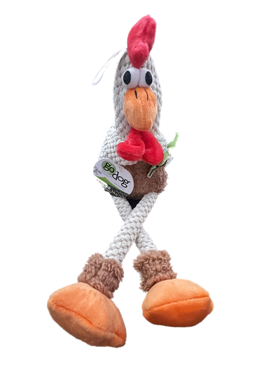 Rooster-shaped dog toy with a visible brand logo on a white background