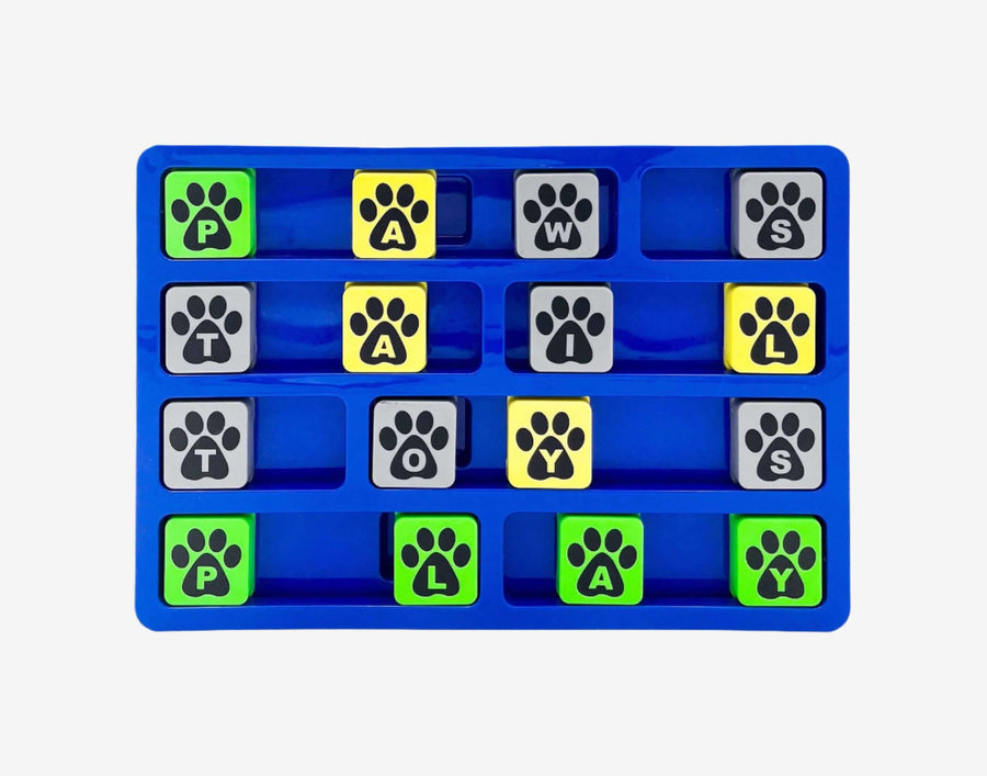 Colorful multi-level dog puzzle toy with sliding letter blocks and paw print designs—designed to challenge and engage dogs through interactive play and treat discovery.