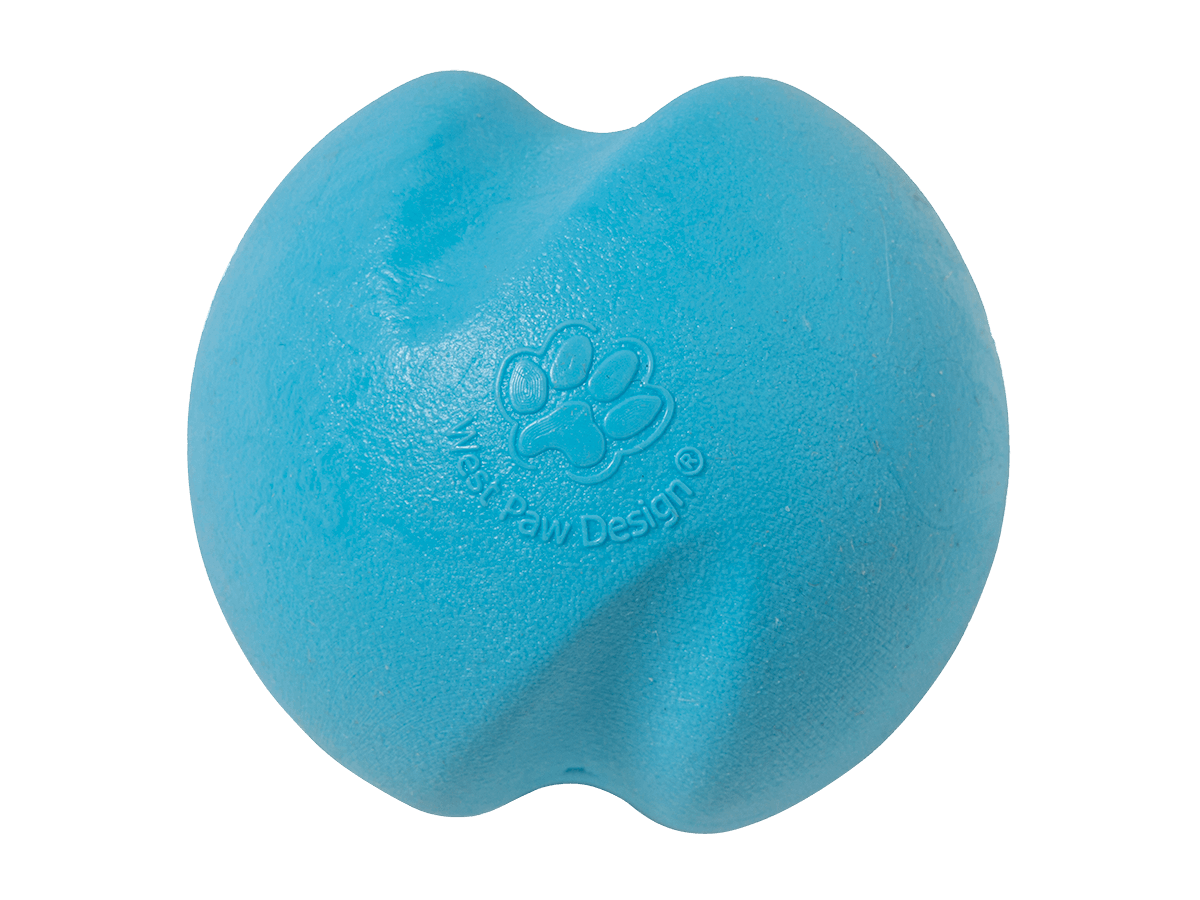 Blue dog toy with a paw design logo on a black background