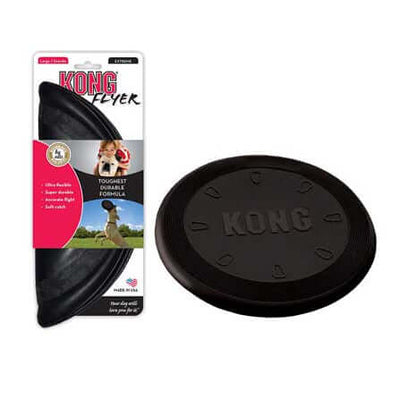 Black KONG flyer dog toy with packaging on a white background