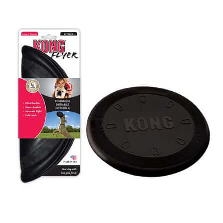 Black KONG flyer dog toy with packaging on a white background