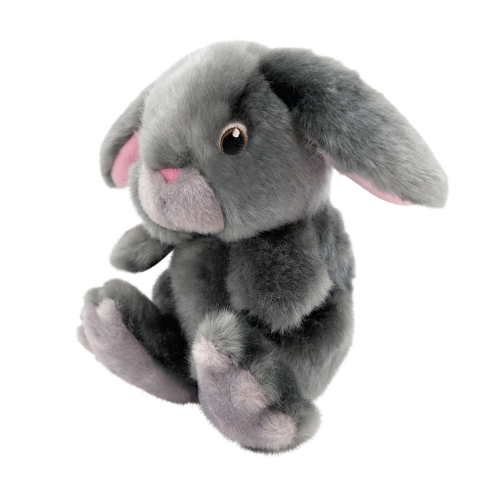 Gray plush bunny toy on a white background
