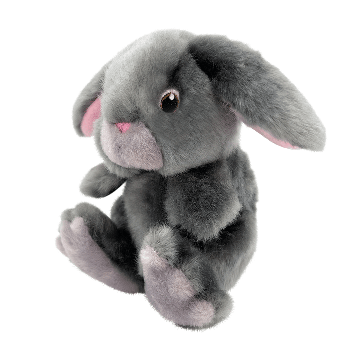 Gray plush bunny toy on a white background