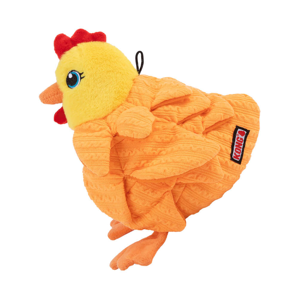 Plush chicken toy with a KONG label on a white background