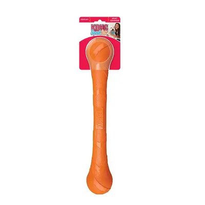 Orange KONG Squeezz Ball dog toy on a white background