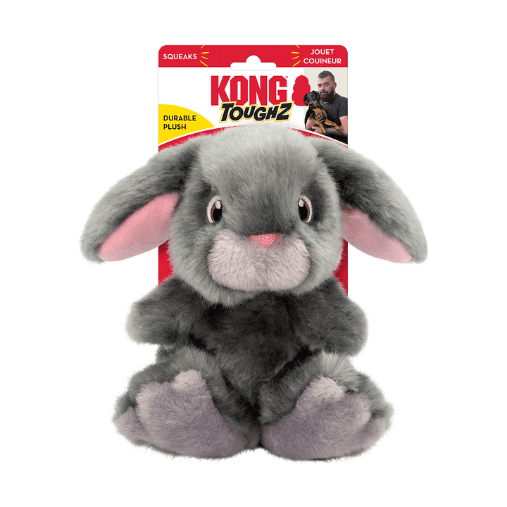 Gray plush bunny toy with pink inner ears and a KONG ToughZ label on a white background