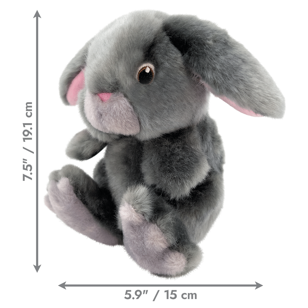 Gray plush bunny with measurements on a white background