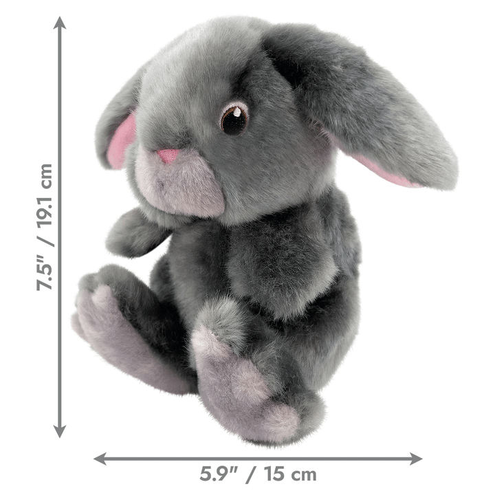 Gray plush bunny with measurements on a white background