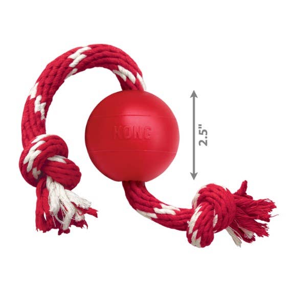Red dog toy with a rope and a measurement label on a white background