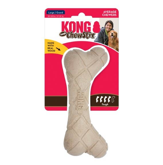 KONG ChewStix dog toy for average chewers, bone-shaped and made with real wood—safe alternative to natural sticks.