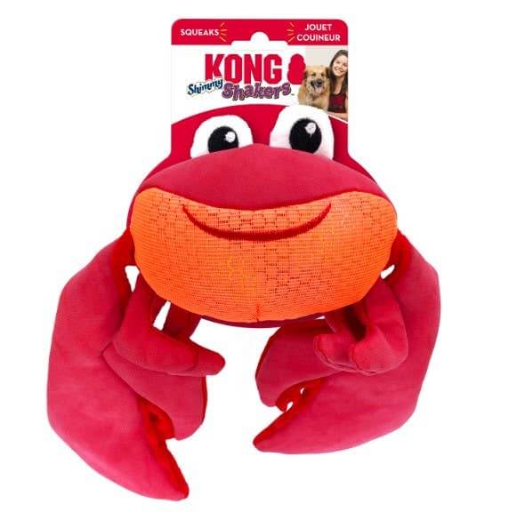KONG Shakers Crabby dog toy in red and orange with smiling face and crinkle claws, squeaks for interactive play.