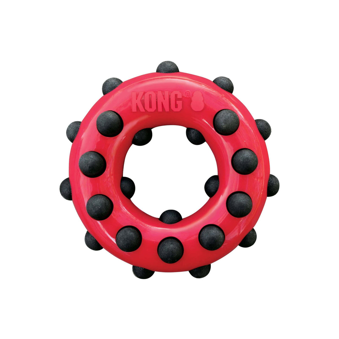 Red KONG Dotz Ring dog chew toy with textured black rubber nubs for dental stimulation