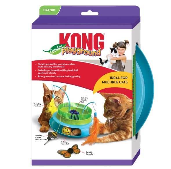 Kong cat toy packaging with images of cats and text on a white background