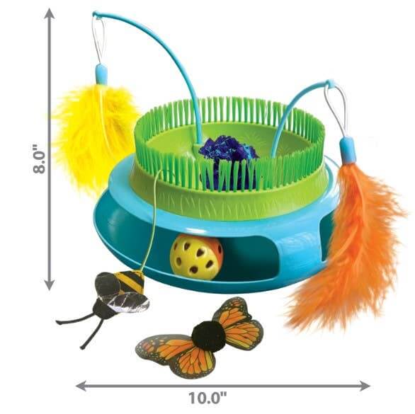 Colorful cat toy with various components on a white background