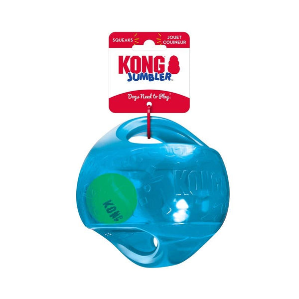 Blue KONG Jumbler dog ball toy with built-in squeaker and interior tennis ball for active playtime and fetch