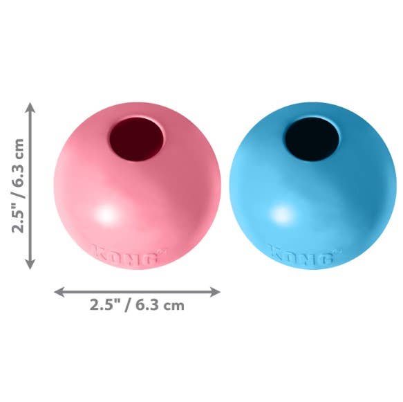 Two KONG dog toys, one pink and one blue, with dimensions indicated on a white background.