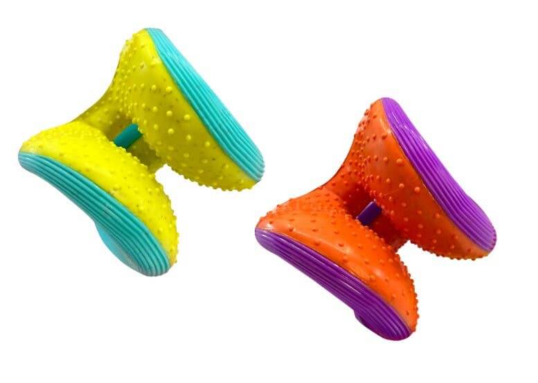 Yellow/blue and orange/purple KONG ReRun toys with rubber ridges and raised nubs for grip and treat dispensing.