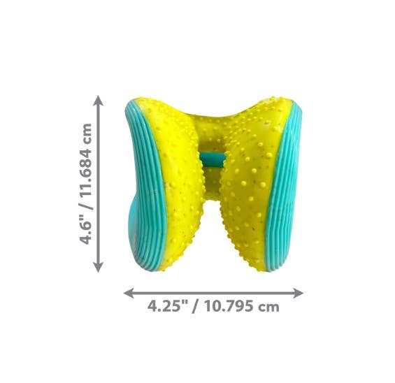 KONG ReRun dog toy size diagram showing dimensions: 4.25 inches wide and 4.6 inches tall, with textured rubber for chewing.