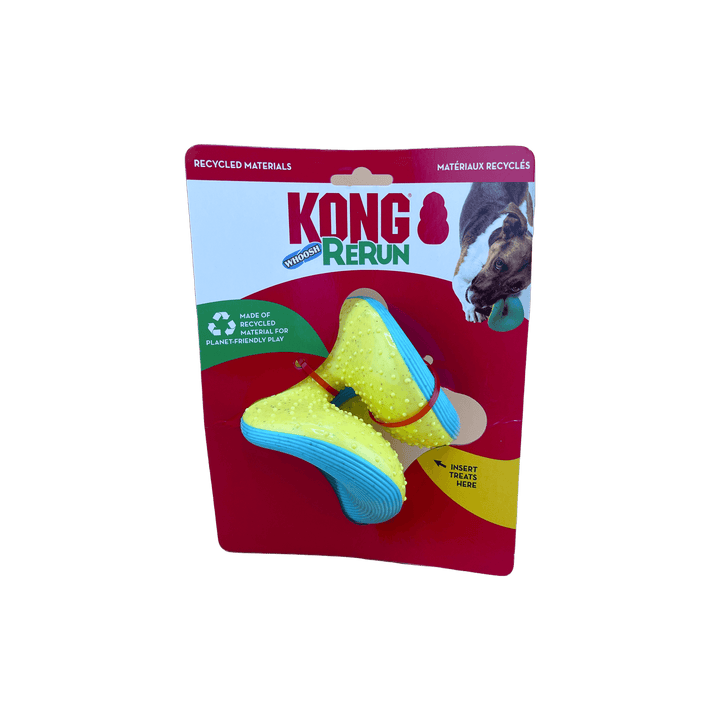 KONG ReRun yellow and blue dog toy in planet-friendly packaging, designed for treat-stuffing and interactive play.