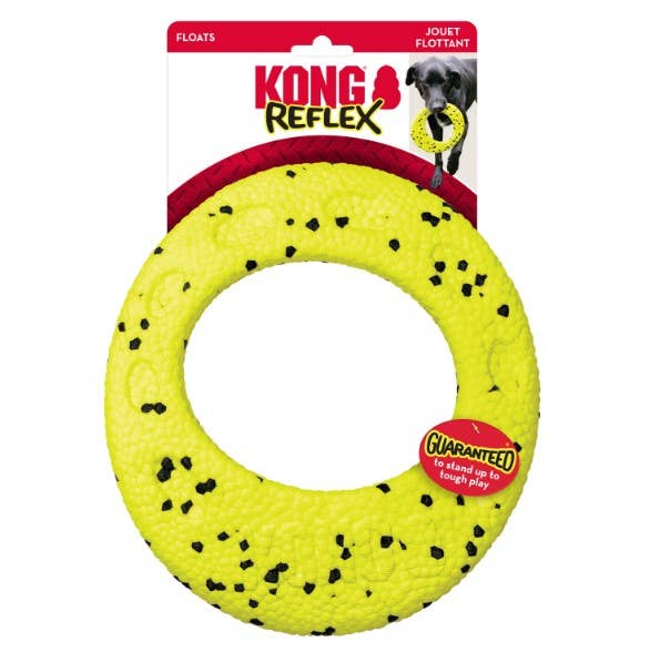 Yellow dog toy with black spots on a white background, featuring KONG Reflex branding.