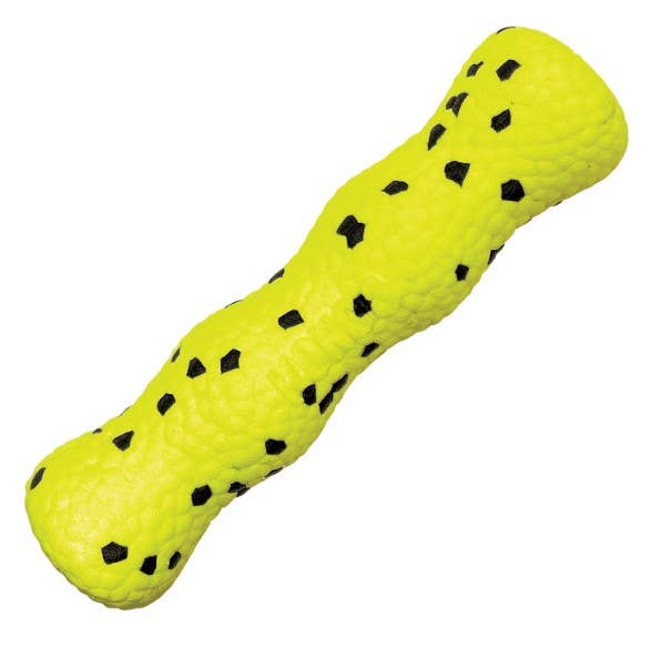 Yellow dog toy with black spots on a white background