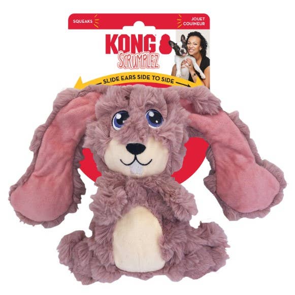 KONG Scrunchiez bunny dog toy featuring movable ears, squeaks, and a soft plush design, ideal for interactive play and cuddling.