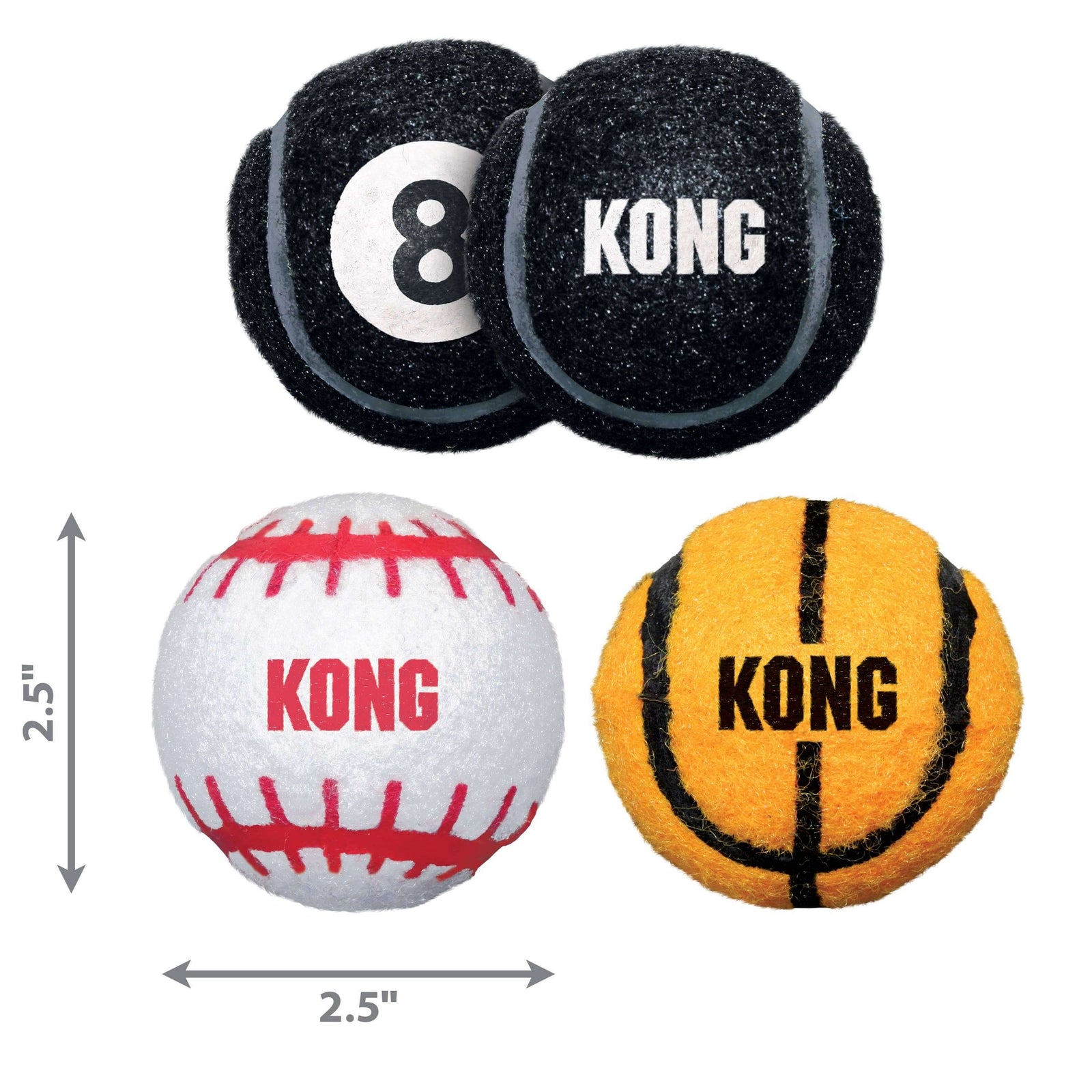 Four KONG brand dog toys with dimensions indicated on a white background