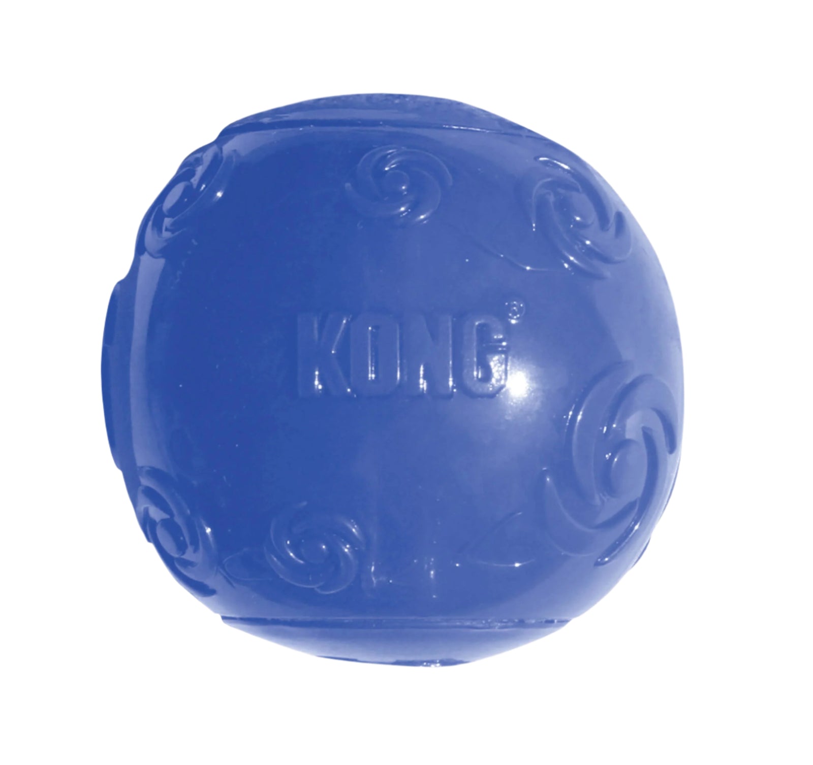 Durable blue KONG Squeezz Ball dog toy with swirl texture and recessed squeaker