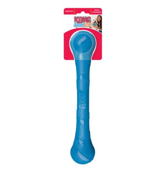 Blue KONG Squeezz Stick dog toy in retail packaging with rounded ends and textured grip
