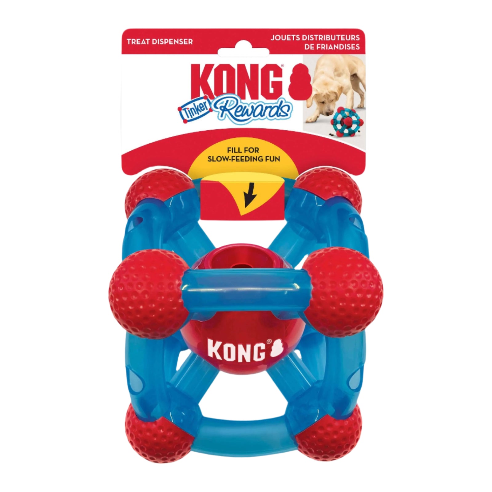 KONG Tinker Rewards treat-dispensing dog toy in blue and red, packaged for slow-feeding fun.