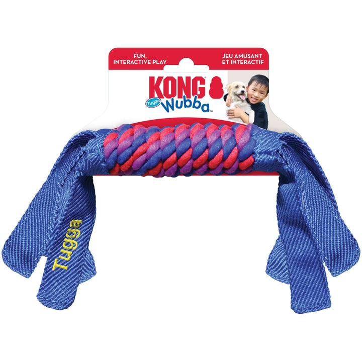 KONG Tugga Wubba dog toy in blue with red and purple rope center and nylon tails, designed for interactive tug and toss play.