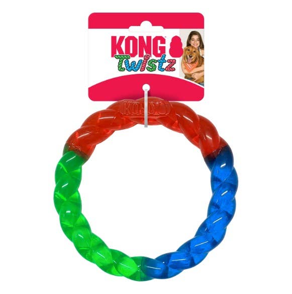 Colorful KONG Twistz dog toy on a white background