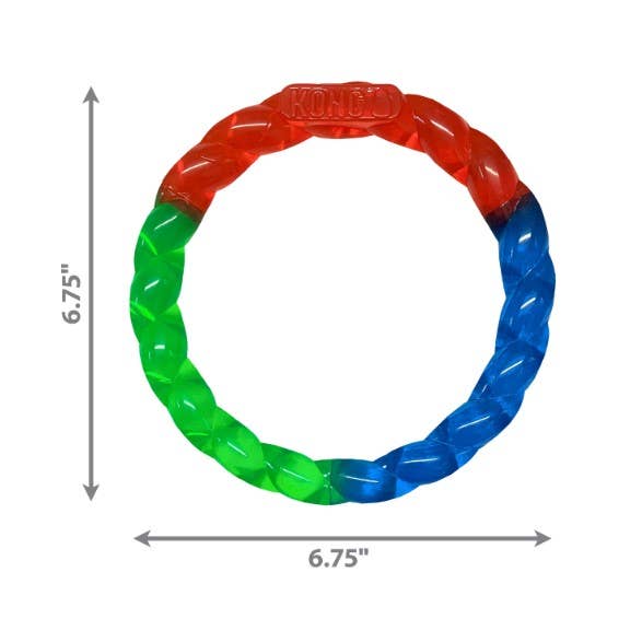 Colorful dog toy ring with dimensions on a white background