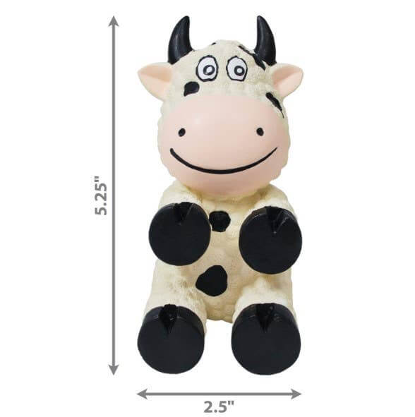 Size chart for KONG Wiggis Cow latex dog toy measuring 5.25 inches tall by 2.5 inches wide