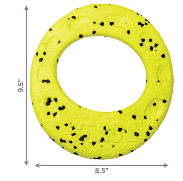 Yellow rubber ring with black specks and measurements on a white background