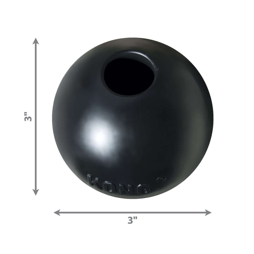 Black spherical object with dimensions indicated on a white background