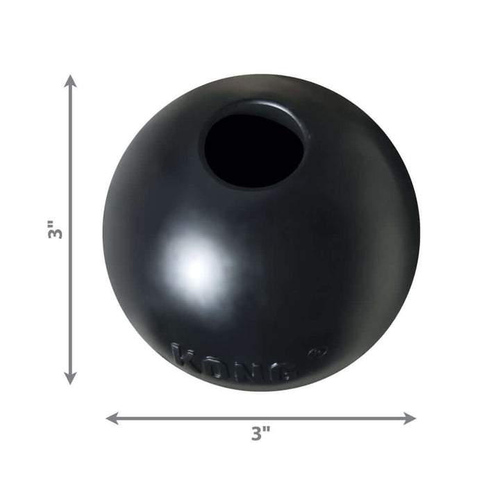 Black spherical object with dimensions indicated on a white background