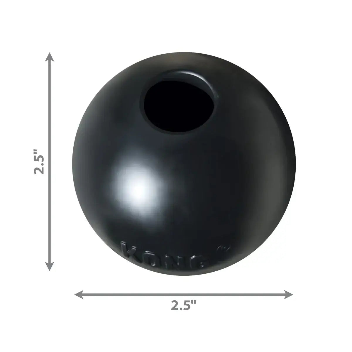 Black spherical object with dimensions indicated on a white background