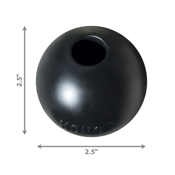 Black spherical object with dimensions indicated on a white background