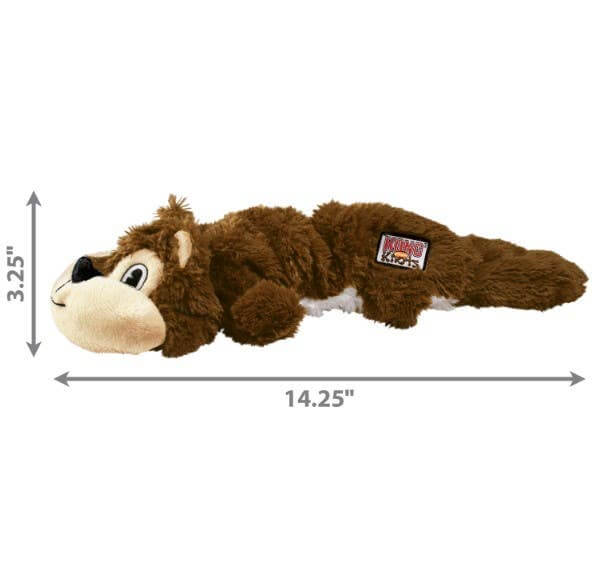 Brown plush toy with dimensions labeled on a white background