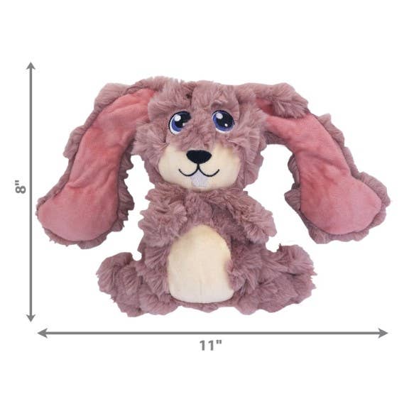 A plush Kong bunny dog toy measuring 11 inches wide and 8 inches tall, featuring soft fabric and floppy ears, perfect for cuddling and playtime.