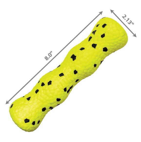 Yellow dog toy with black spots and measurements on a white background