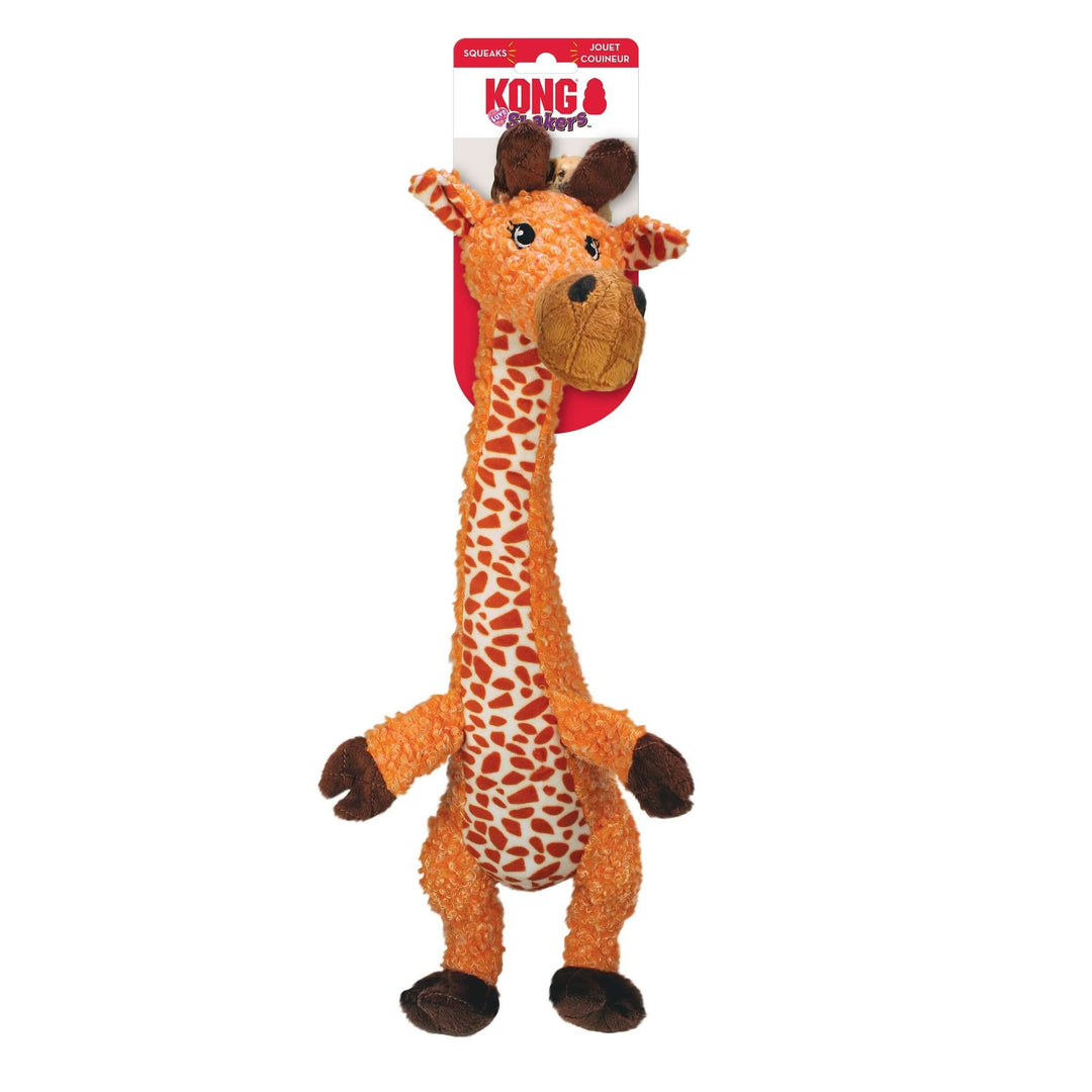 Plush giraffe toy with KONG branding on a white background