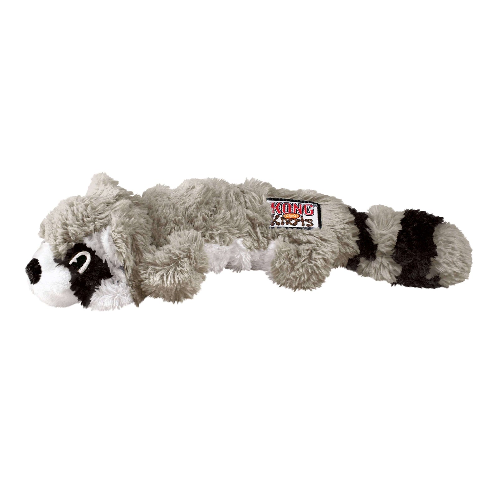 Plush raccoon toy with a visible brand label on a white background